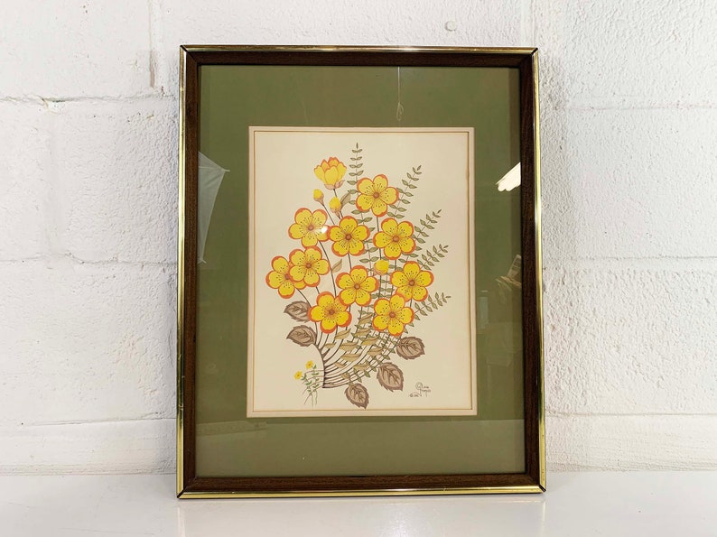 Vintage Framed Floral Print Olivia Francis Frame Lithograph Litho Yellow Flowers 1981 1980s image 3