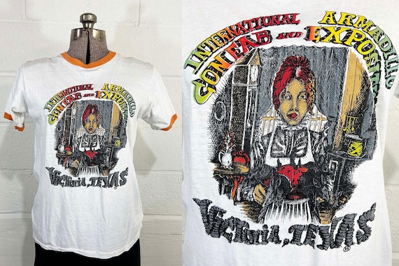 Vintage International Armadillo Confab & Exposition Souvenir Tshirt Ringer Tee T Shirt Short Sleeve Victoria Texas Single Stitch 1970s Large