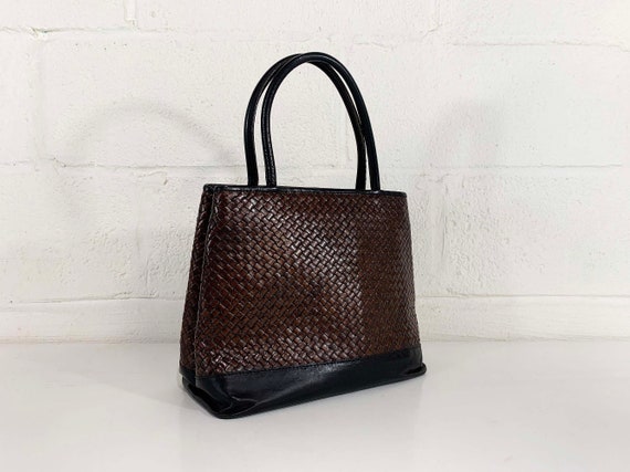 Vintage Talbots Brown Black Leather Bag Woven Italian Italy Shoulder Purse Tote 1990s 90s