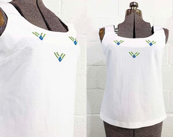 Vintage Ärmlös Topp Vit Shell Linne Broderad 1970-tal 1960-tal Liten Medium