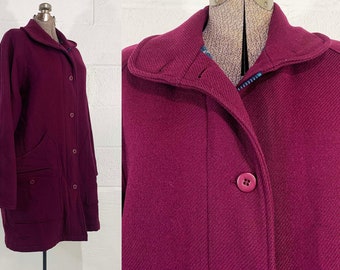 Vintage Felted Winter Coat Lined Parka Peacoat Lined Jacket Hipster Woolrich Woman Plum Wool Blend Mid Length XL 1980s
