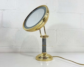 Vintage Magnifying Vanity Mirror Brass Lighted Makeup Adjustable Ring Light Lamp 1990s 1998 Protronics Hollywood Regency