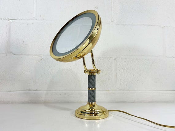 Vintage Magnifying Vanity Mirror Brass Lighted Makeup Adjustable Ring Light Lamp 1990s 1998 Protronics Hollywood Regency