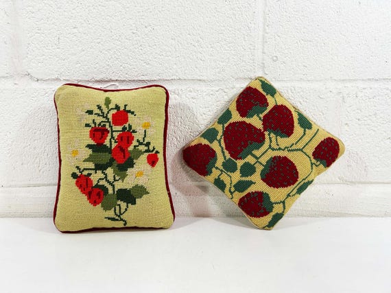 Vintage Strawberry Pillow Needlepoint Strawberries Throw Sofa Couch Small Mid-Century 1970s 1960s