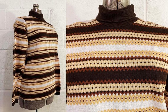 Vintage Fair Isle Striped Sweater Ski Pullover Brown White 70s 1970s Long Sleeve Knit Twin Peaks Turtleneck Hygge 1980s 80s Medium Large