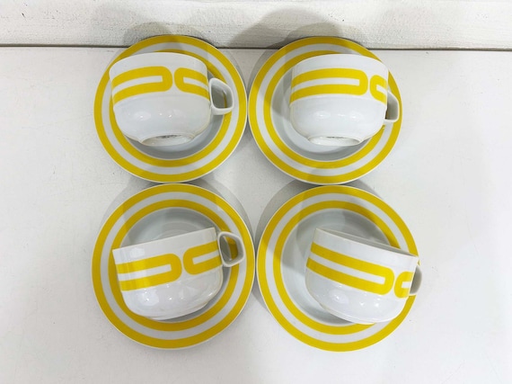 Vintage Mikasa Cup & Saucer Set of 4 Bob Van Allen Designed Tangent Yellow  Dopamine Decor 1970s