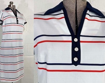 Vintage Striped Mod Dress Red White Blue Shift Scooter Short Sleeve City Scene Large Medium 1970s