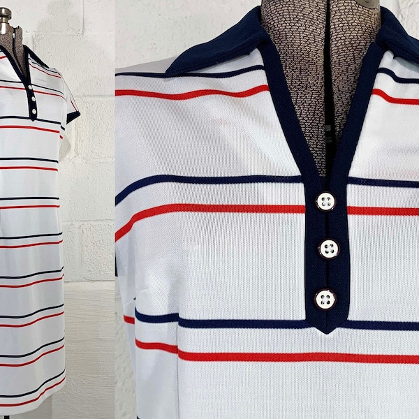 Vintage Striped Mod Dress Red White Blue Shift Scooter Short Sleeve City Scene Large Medium 1970s