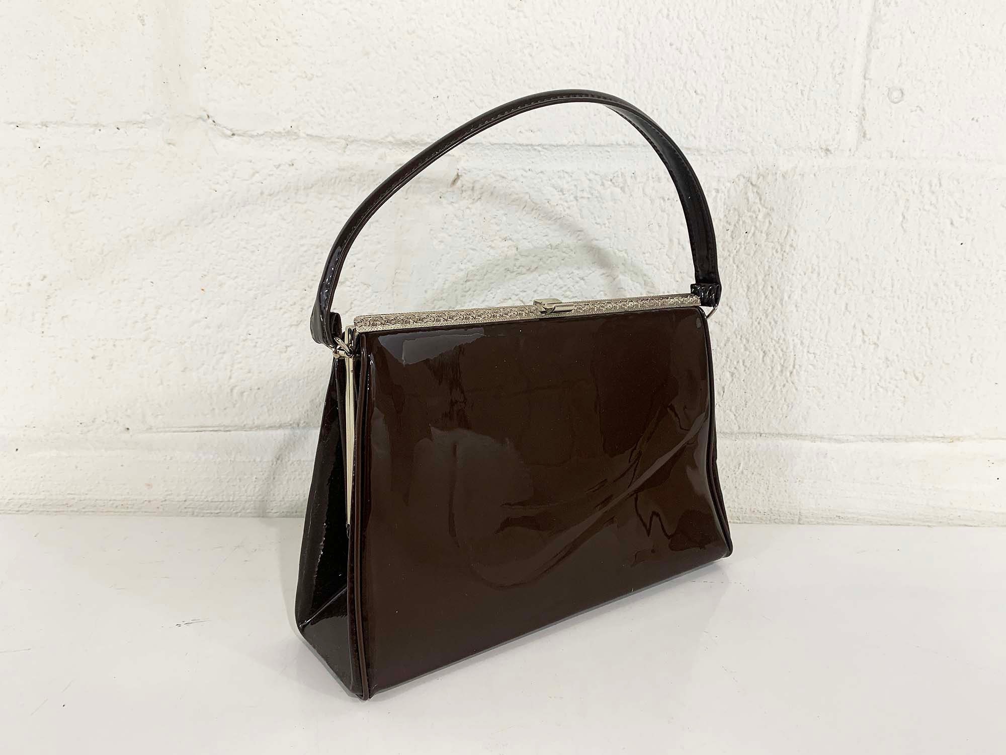 Vintage Brown Mod Purse Large Faux Patent Leather Bag Verdi USA Top