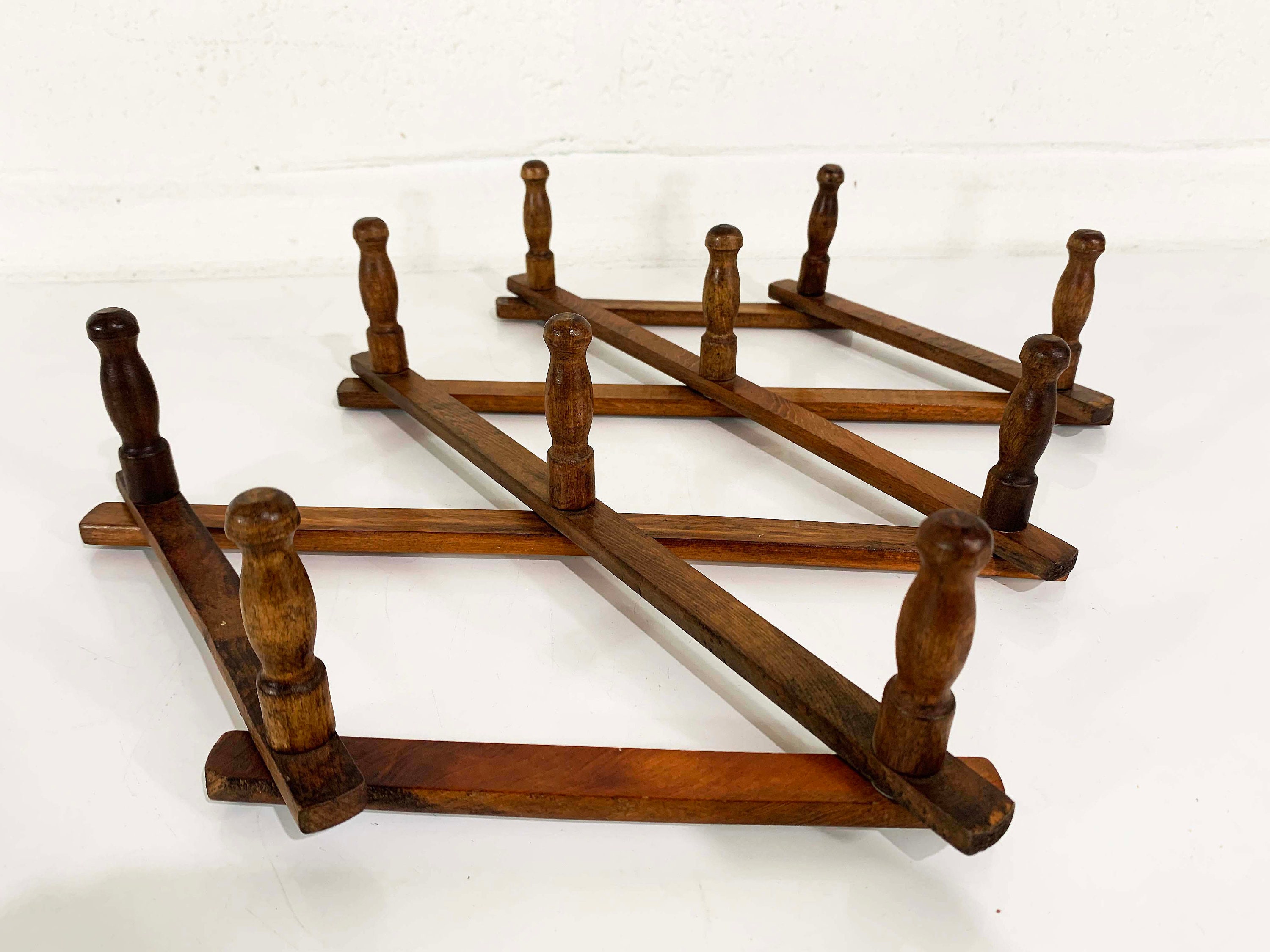 Vintage Wooden Accordion Peg Rack Expandable Accordion Brown Wall Coat