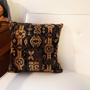 Vintage Black Brown Geometric Pillow Ikat Tan Square Velvet Accent 1970s 70s Home Decor Throw Sofa Couch image 3