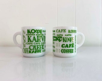 Vintage Coffee Milk Glass Mugs Set of Two Mug Pair Fire King Languages Cafe White Green Typography MCM Cute Kitsch Mid-Century 1970s 70s