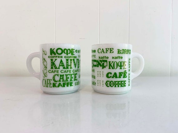 Vintage Coffee Milk Glass Mugs Set of Two Mug Pair Fire King Languages Cafe White Green Typography MCM Cute Kitsch Mid-Century 1970s 70s
