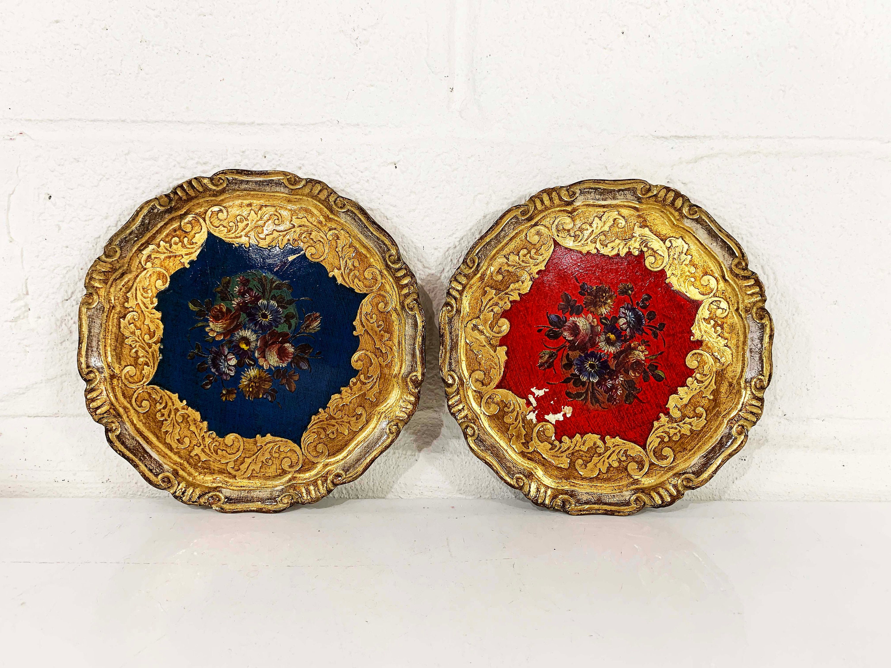 Vintage Italian Serving Trays Florentine Hand Painted Gold Red Cocktail ...