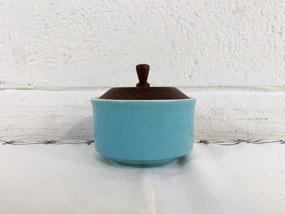 Vintage Sugar Bowl Mid Century Atomic Aqua Blue China MCM Mad Men Coffee Tea Blue Lidded Dish Wood Cover Taylor Smith & Taylor Cathay 1950s