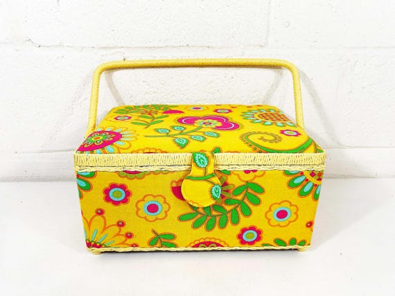 Vintage Yellow Floral Sewing Basket Knitting Crocheting Notions Storage
