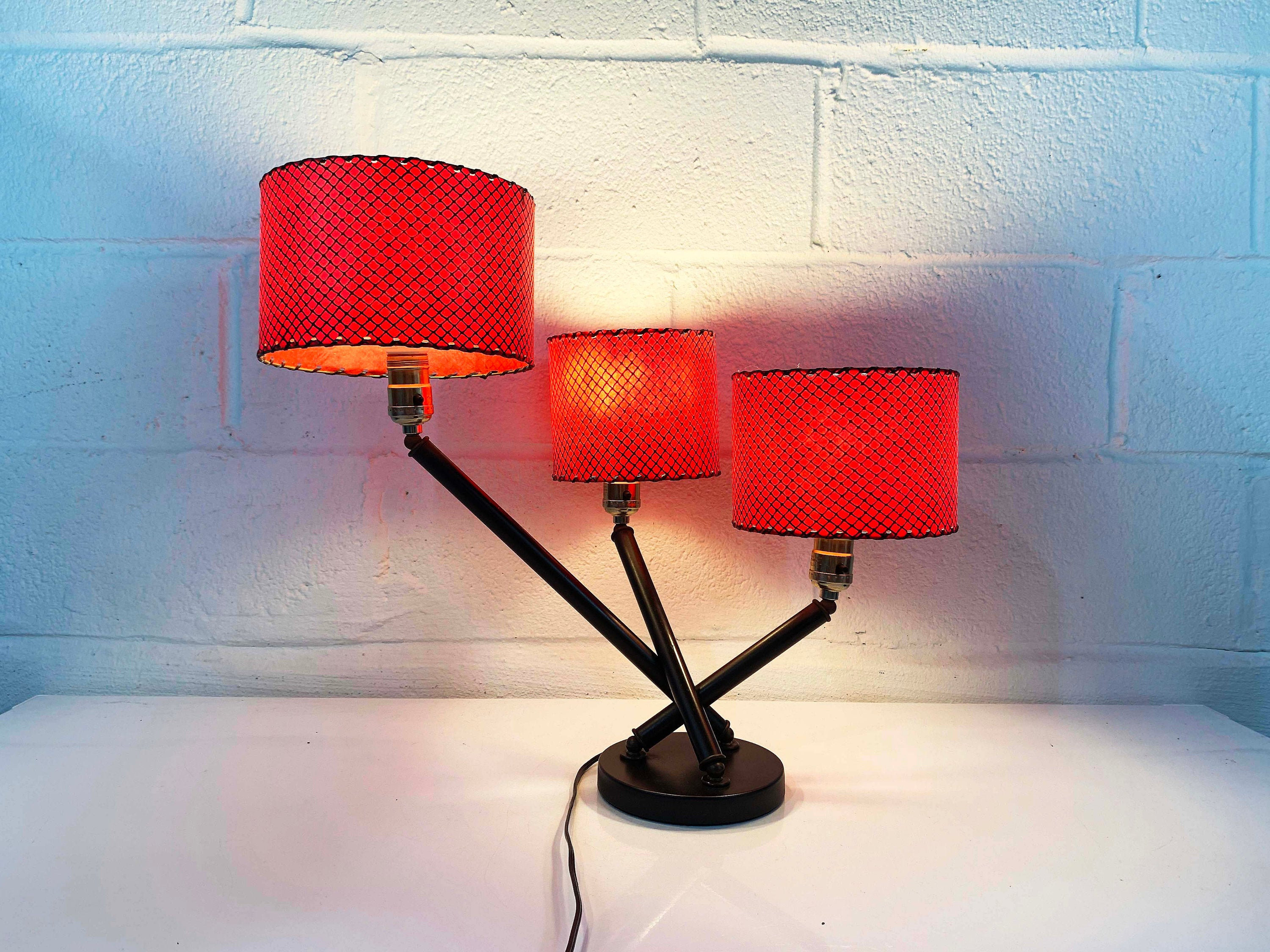Vintage Triple Table Lamp Red Light Lampshade Decor MCM Mad Men Mid ...