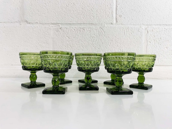 Vintage Park Lane Colony Coupe Glasses Green Square Pedestal Base Goblet Set of 8 Faceted Indiana Glass Champagne 1970s 1960s