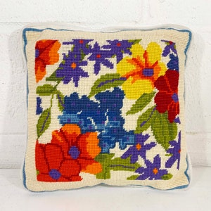 Vintage Floral Pillow Needlepoint Square Rainbow Accent Colorful White Throw Sofa Couch Small Mid-Century 1970s 1960s image 1