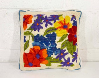 Vintage Floral Pillow Needlepoint Square Rainbow Accent Colorful White Throw Sofa Couch Small Mid-Century 1970s 1960s