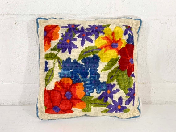 Vintage Floral Pillow Needlepoint Square Rainbow Accent Colorful White Throw Sofa Couch Small Mid-Century 1970s 1960s