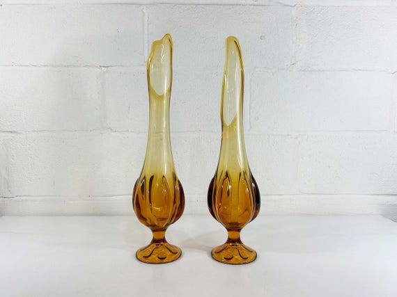 Vintage Amber Swung Glass Vase: Mid-Century Modern Viking Honey Vase