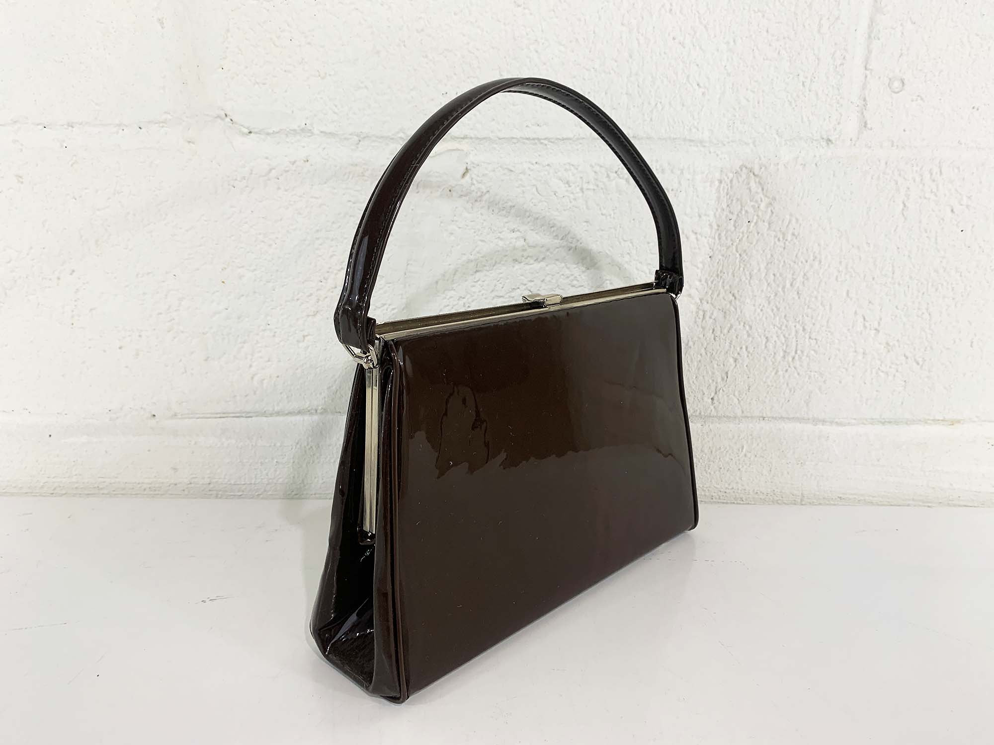 Vintage Brown Mod Purse Large Faux Patent Leather Bag Verdi USA Top
