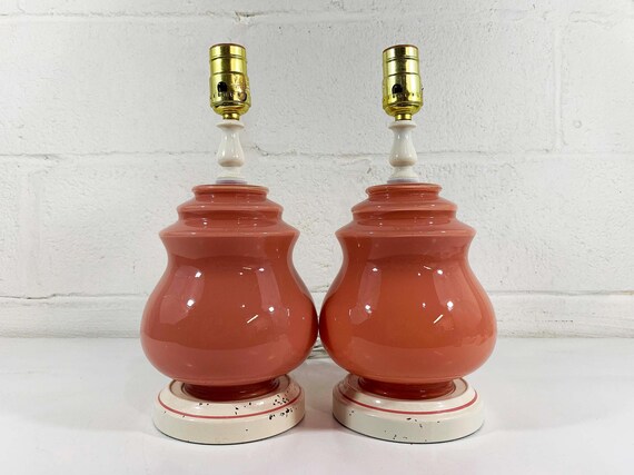 Vintage Pink Table Lamps Light Decor MCM Rose Mid-Century 1960s Accent Lighting Powder 1980s 80s Pastel Pair Set Room Bedroom