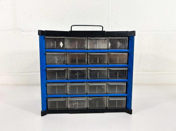Vintage Craft Cabinet Small Parts Organizer Drawers 20 Drawer Storage Box Portable Metal Container Beads Royal Blue Plastic Handle 80s 1980s
