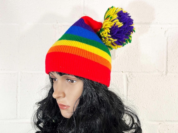 Vintage Rainbow Striped Winter Hat Accessory Mid-Century Retro Knit Beanie Pom Pom Snow 1970s 1980s