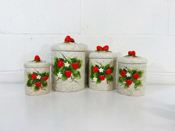 Vintage Strawberry Canister Set of 4 Sears Flour Sugar Tea Coffee Storage Ceramic Kitchen Kitsch Kitschy Cute Kawaii 1980s 1981