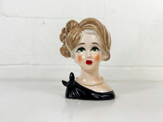 Vintage Napcoware Head Vase Napco Pearl Necklace Black Dress Dopamine Decor Unique Home 1950s
