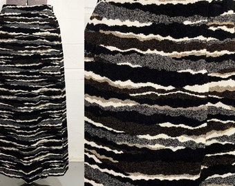 Vintage Heavyweight Maxi Skirt Animal Abstract Print Striped Boho Mod Pencil Black Cream White Medium Large 1960s 60s
