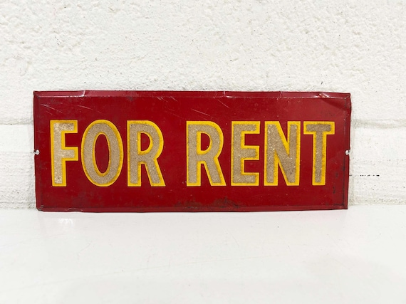 Vintage Reflective For Rent Metal Sign Yellow Red Enamel Plaque 1960s
