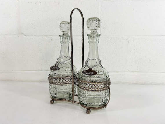 Vintage Decanter Set Glass Liquor Scotch Whiskey Cocktail Bar Cart Barware 1950s 1960s