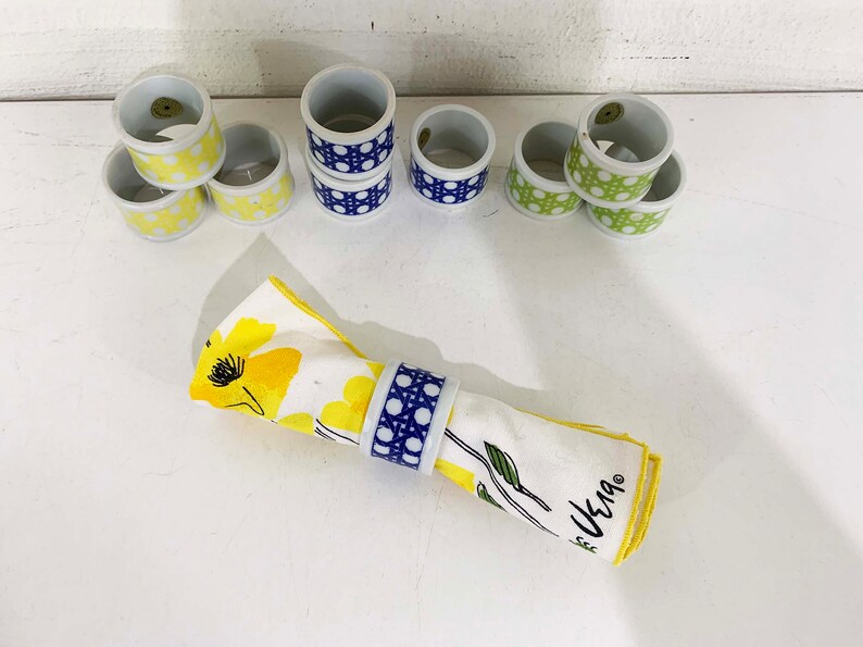 Vintage Napkin Rings Set of 10 Takahashi Porcelain Japan Ceramic Ring Blue Green Yellow Colorful White Dinner Table Party 1980s image 7