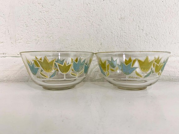 Vintage Culver Bowl Set of 2 Gold Tulips Blue Green 1950s Glass Snack Bowls Serving Mad Men Floral Snack Serving Dishes
