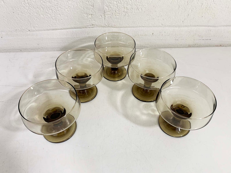 Vintage Smoky Coupe Glasses Goblets Coffee Brown Set of 5 Champagne Sherbert Dessert 1970s 1960s Holiday Party image 3