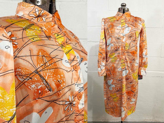 Vintage Vera Neumann Nylon Dress Orange Butterfly Button Up Shirt Long Sleeve Peach Floral Mod Shift Midi Wedding Guest 1960s 1970s Large