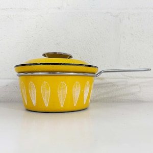 Vintage Cathrineholm Enamel White Yellow Saucepan Norwegian Scandinavian Pot 1960s