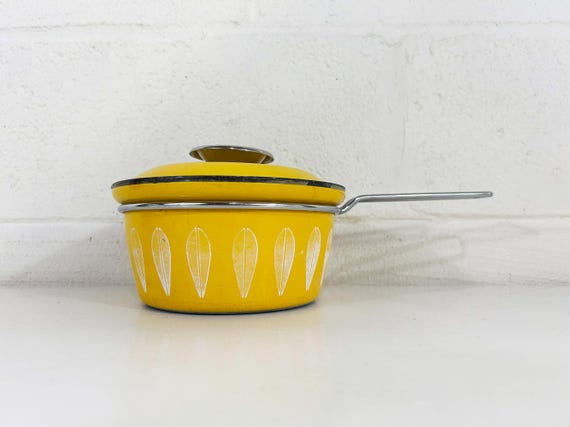 Vintage Cathrineholm Enamel White Yellow Saucepan Sauce Pan Norway Catherineholm Norwegian Scandinavian Covered Pot 1960s 1950s