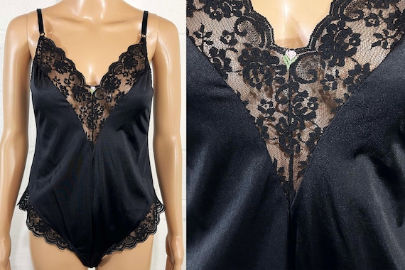 Vintage Black Lace Lingerie Teddy Satin Bodysuit Chantilly Maidenform 1970s Small