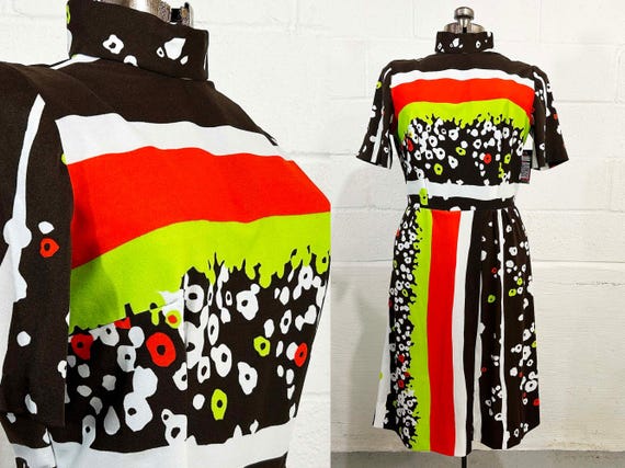 Vintage Mod Dress Brown Green Orange White Short Sleeve Mid-Century Twiggy Psychedelic Space-age Avant-garde Mockneck 1970s 1960s Large