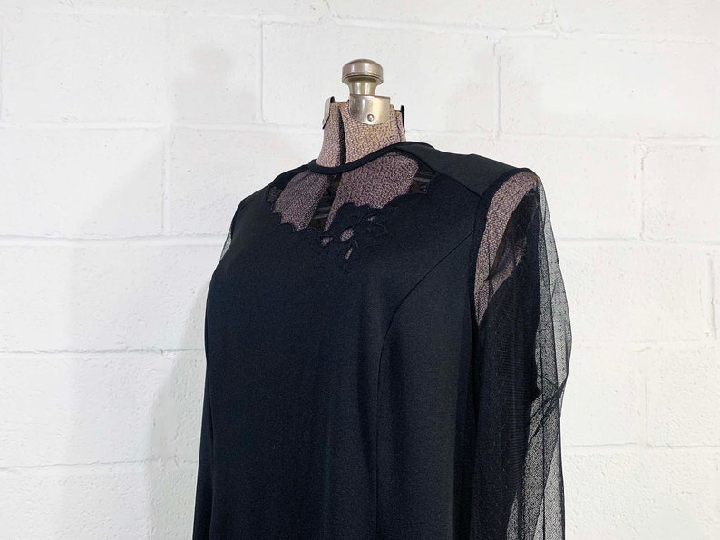 Vintage Black A-Line Dress Sheer Long Sleeves Cocktail Party New Year's Eve Wedding 1980s 80s Plus Curvy Volup XXL 1XL 1X 2XL 2X 3XL 3X image 5