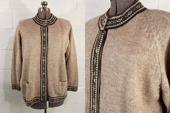 Vintage Alpaca Peruvian Cardigan Button Down Raglan Long Sleeve Fair Isle Knit Cream Ivory Tan 1980s 1990s XXL XL 1XL 2XL 1X 2X