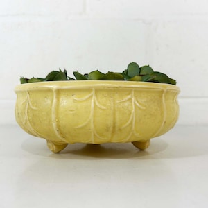May include: A small, yellow ceramic bowl with a scalloped design and three small feet. The bowl is filled with green leaves. The bowl is sitting on a white surface.