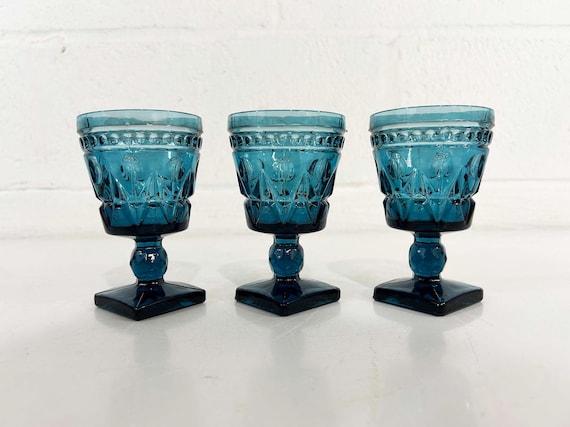 Vintage Park Lane Colony Apertif Glasses Blue Square Pedestal Base Goblet Set of 3 Cordial Sherry Indiana Glass 1960s 1970s