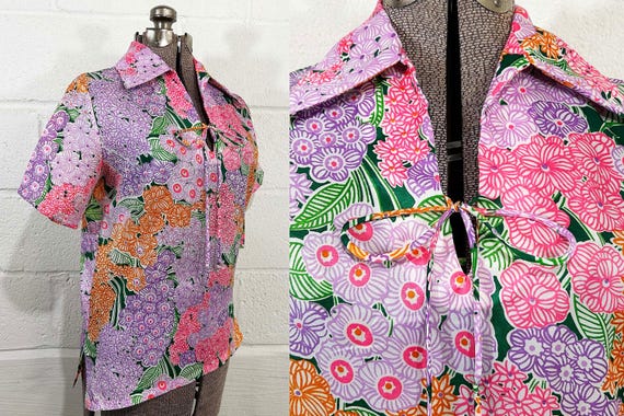 Vintage Mod Pink Floral Top Purple Rainbow Colorful Tie Collared Deep V Neck 70s 1970s Medium