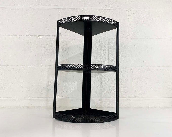 Vintage Black Metal Corner Shelf MCM Design Bathroom Storage Curio Gold