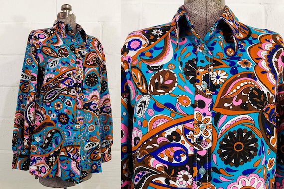 Vintage Paisley Shirt Top Purple Blue Pink Long Sleeve Shirt Blouse Abstract Floral Mod Minx TV Movie Costume 1970s 1960s Large